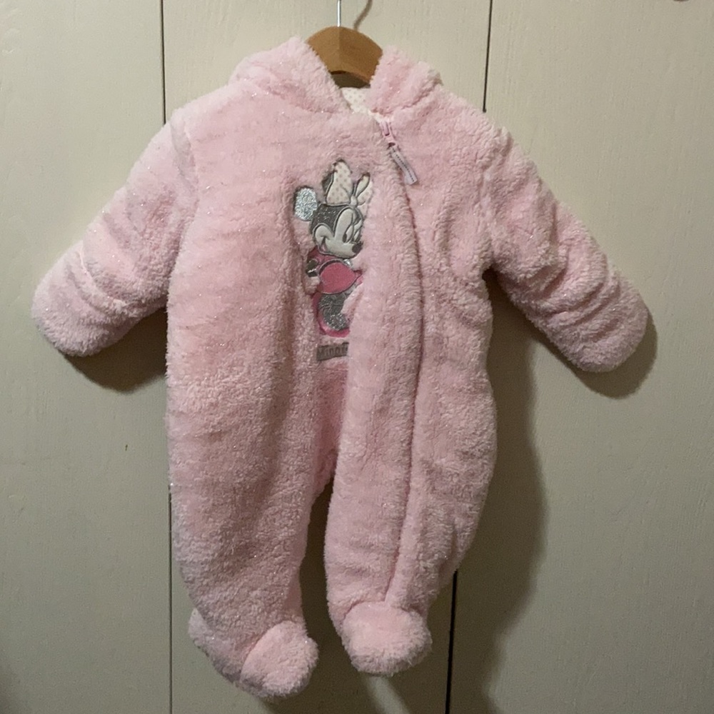 Disney Baby Pink & Silver Sparkly Minnie Mouse Bunting Snowsuit
